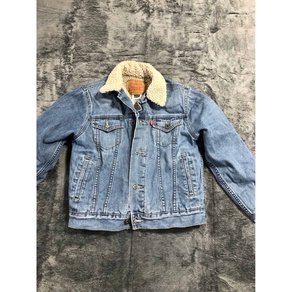 Levi's‎ Sherpa Lined Denim Trucker Jacket Kids Size S 8-10 Blue Medium Wash